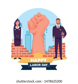 happy labor day usa celebration card, tribute to professional workers, jobs characters with clenched hand over cityscape ,vector illustration graphic design.