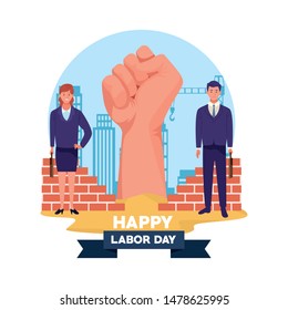 happy labor day usa celebration card, tribute to professional workers, jobs characters with clenched hand over cityscape ,vector illustration graphic design.