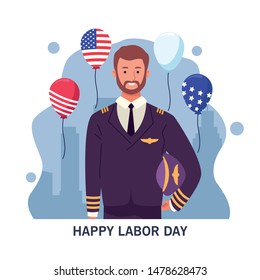 happy labor day usa celebration card, tribute to professional workers, jobs characters with usa flag balloons ,vector illustration graphic design.