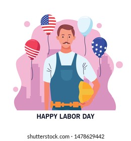 happy labor day usa celebration card, tribute to professional workers, jobs characters with usa flag balloons ,vector illustration graphic design.