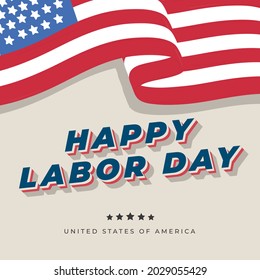 Happy Labor Day Usa Celebration Background Design In Vintage Style With American Flag And Text Effect. Good For Banner, Poster, Flyer, Social Media Post Template, ETC