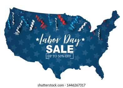Happy Labor Day. USA county shape with blue, red, and white national flag colors bunting, confetti, and ringlets. Celebration concept. Vector illustration.