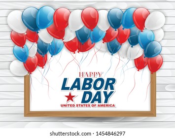 Happy Labor Day. USA national Holiday. Flag colors - red, blue, and white balloons on wooden board. Banner template for advertisement. Vector illustration.