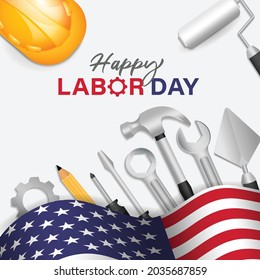 Happy labor day usa poster template design with work equipment. vector illustration .