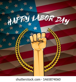 Happy labor day usa vector poster with strong orange fist isolated on usa flag background. vector happy american labor day background or greeting card with man hand.