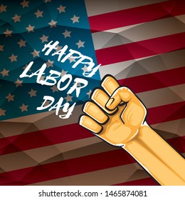 Happy labor day usa vector poster with strong orange fist isolated on usa flag background. vector happy american labor day background or greeting card with man hand.