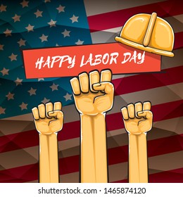 Happy labor day usa vector poster with strong orange fist isolated on usa flag background. vector happy american labor day background or greeting card with man hand.