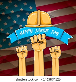 Happy labor day usa vector poster with strong orange fist isolated on usa flag background. vector happy american labor day background or greeting card with man hand.