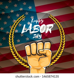 Happy labor day usa vector poster with strong orange fist isolated on usa flag background. vector happy american labor day background or greeting card with man hand.