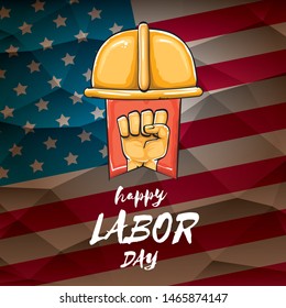 Happy labor day usa vector poster with strong orange fist isolated on usa flag background. vector happy american labor day background or greeting card with man hand.