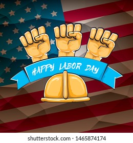 Happy labor day usa vector poster with strong orange fist isolated on usa flag background. vector happy american labor day background or greeting card with man hand.