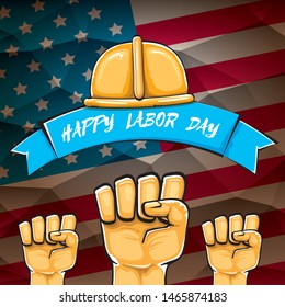 Happy labor day usa vector poster with strong orange fist isolated on usa flag background. vector happy american labor day background or greeting card with man hand.