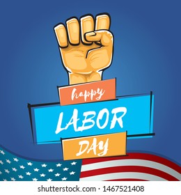 Happy labor day usa vector poster with strong fist isolated on blue background with usa flag. vector happy american labor day background or greeting card with man hand.