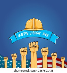 Happy labor day usa vector poster with strong fist isolated on blue background with usa flag. vector happy american labor day background or greeting card with man hand.