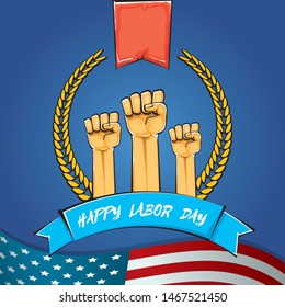 Happy labor day usa vector poster with strong fist isolated on blue background with usa flag. vector happy american labor day background or greeting card with man hand.
