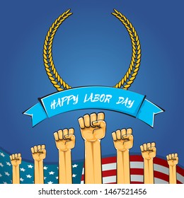 Happy labor day usa vector poster with strong fist isolated on blue background with usa flag. vector happy american labor day background or greeting card with man hand.