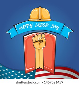 Happy labor day usa vector poster with strong fist isolated on blue background with usa flag. vector happy american labor day background or greeting card with man hand.