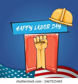 Happy labor day usa vector poster with strong fist isolated on blue background with usa flag. vector happy american labor day background or greeting card with man hand.