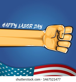 Happy labor day usa vector poster with strong fist isolated on blue background with usa flag. vector happy american labor day background or greeting card with man hand.