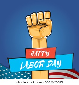Happy labor day usa vector poster with strong fist isolated on blue background with usa flag. vector happy american labor day background or greeting card with man hand.