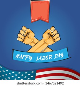 Happy labor day usa vector poster with strong fist isolated on blue background with usa flag. vector happy american labor day background or greeting card with man hand.