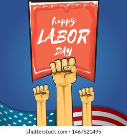 Happy labor day usa vector poster with strong fist isolated on blue background with usa flag. vector happy american labor day background or greeting card with man hand.