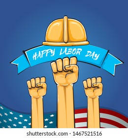 Happy labor day usa vector poster with strong fist isolated on blue background with usa flag. vector happy american labor day background or greeting card with man hand.