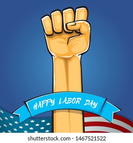 Happy labor day usa vector poster with strong fist isolated on blue background with usa flag. vector happy american labor day background or greeting card with man hand.