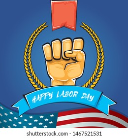 Happy labor day usa vector poster with strong fist isolated on blue background with usa flag. vector happy american labor day background or greeting card with man hand.