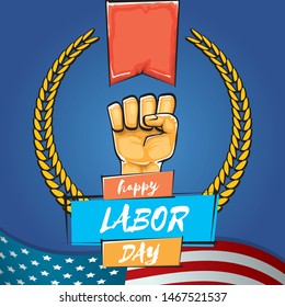 Happy labor day usa vector poster with strong fist isolated on blue background with usa flag. vector happy american labor day background or greeting card with man hand.
