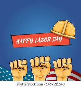 Happy labor day usa vector poster with strong fist isolated on blue background with usa flag. vector happy american labor day background or greeting card with man hand.