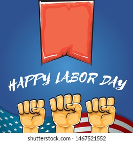 Happy labor day usa vector poster with strong fist isolated on blue background with usa flag. vector happy american labor day background or greeting card with man hand.