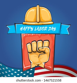 Happy labor day usa vector poster with strong fist isolated on blue background with usa flag. vector happy american labor day background or greeting card with man hand.