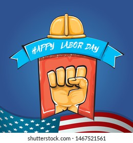 Happy labor day usa vector poster with strong fist isolated on blue background with usa flag. vector happy american labor day background or greeting card with man hand.