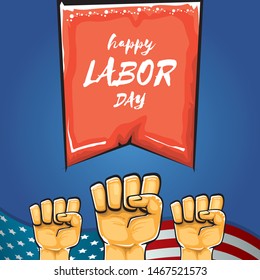 Happy labor day usa vector poster with strong fist isolated on blue background with usa flag. vector happy american labor day background or greeting card with man hand.