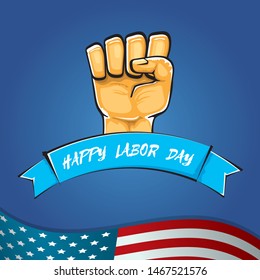 Happy labor day usa vector poster with strong fist isolated on blue background with usa flag. vector happy american labor day background or greeting card with man hand.
