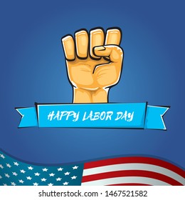 Happy labor day usa vector poster with strong fist isolated on blue background with usa flag. vector happy american labor day background or greeting card with man hand.