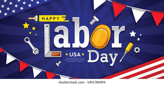 Happy labor day usa vector craftsman tool banner design on blue background. illustrations