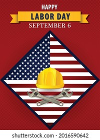 Happy Labor Day USA Vector Poster Illustration September 6 Monday Celebration. Realistic helmet and screw wrench Halftone design. Social media post, website, advertisement, greeting card graphic art
