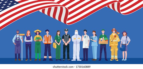 Happy Labor Day. Various occupations people standing with American flag. Vector