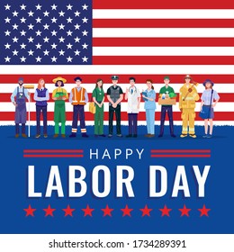 Happy Labor Day. Various occupations people standing with American flag. Vector