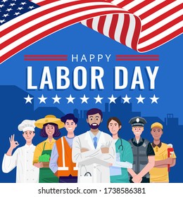 Happy Labor Day. Various occupations people standing with American flag. Vector