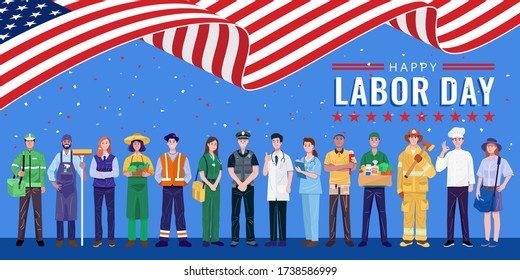 Happy Labor Day. Various occupations people standing with American flag. Vector