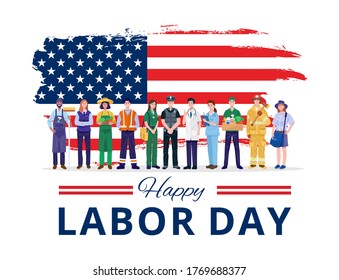 Happy Labor Day. Various occupations people standing with American flag. Vector