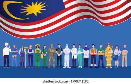 Happy Labor Day. Various occupations people standing with Malaysia flag. Vector