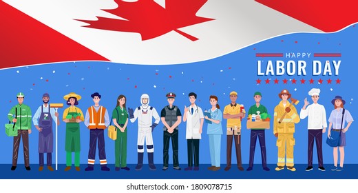 Happy Labor Day. Various occupations people standing with Canada flag. Vector