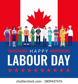 Happy Labor Day. Various occupations people standing with Canada flag. Vector