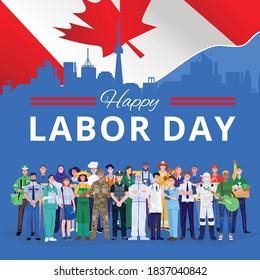 Happy Labor Day. Various occupations people standing with Canada flag. Vector