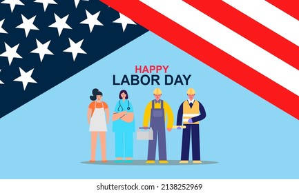 Happy labor day. various occupations people standing with american flag