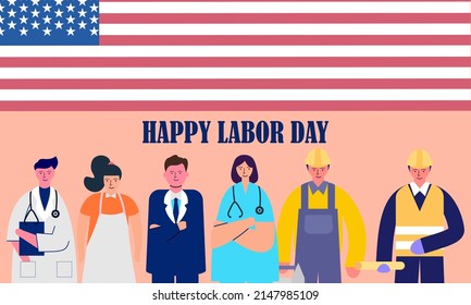 Happy labor day. various occupations people standing with american flag